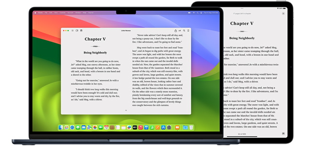 MacBook Pro and iPad Air display a page from the same ebook in the Books app. Apple Watch and iPhone 15 screens display a book cover from the same audiobook. An AirPod Pro case open to show both AirPod Pro earbuds.