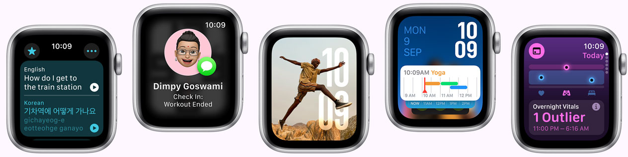 Five Apple Watch devices showing screens including Translate app, Check in app, Photos face, Modular watch face and Vitals app