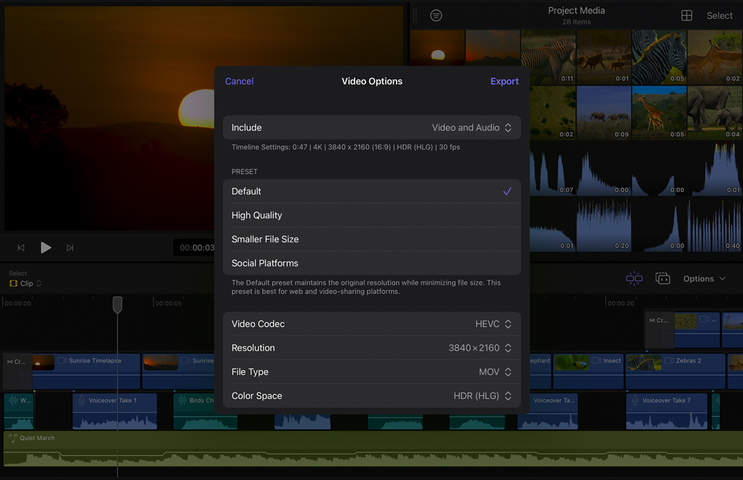 A menu showing various presets for sharing or rendering footage in Final Cut Pro for iPad.