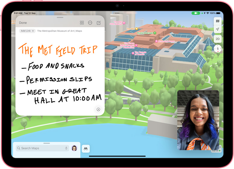 A Quick Note in Maps along with a FaceTime thumbnail on iPad.