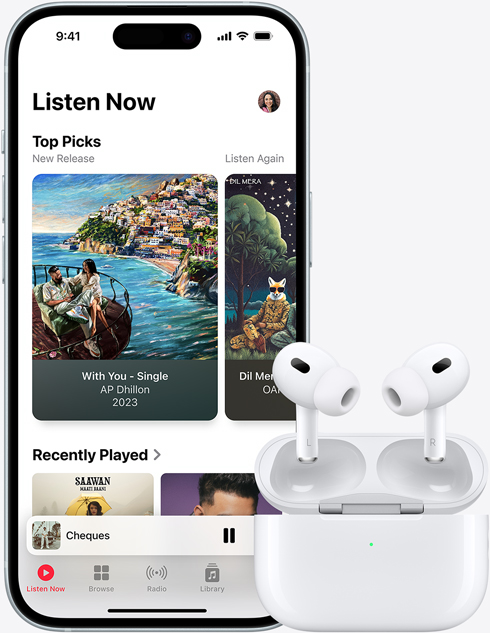 iPhone 15 playing music next to airpods