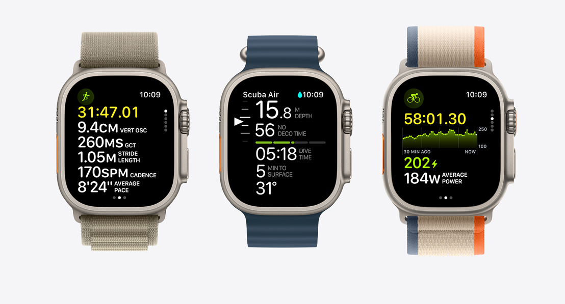 Three Apple Watch screens showing fitness metrics. One for running, one for scuba and one for cycling.