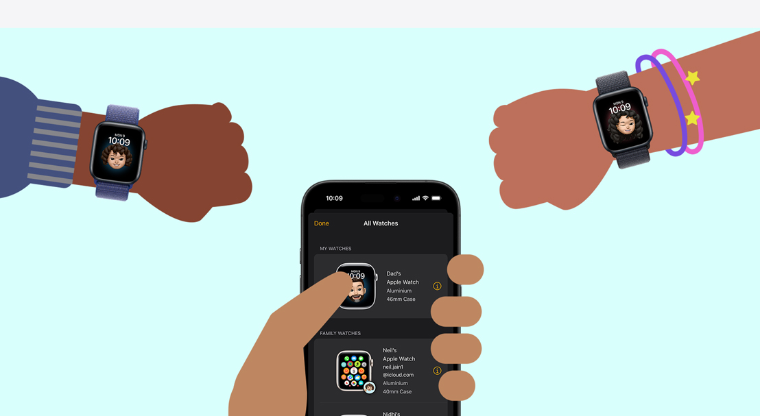 Illustration of two children’s hands and an adult hand holding an iPhone 16. Each child is wearing an Apple Watch SE. The adult hand is setting up Apple Watch For Your Kids.