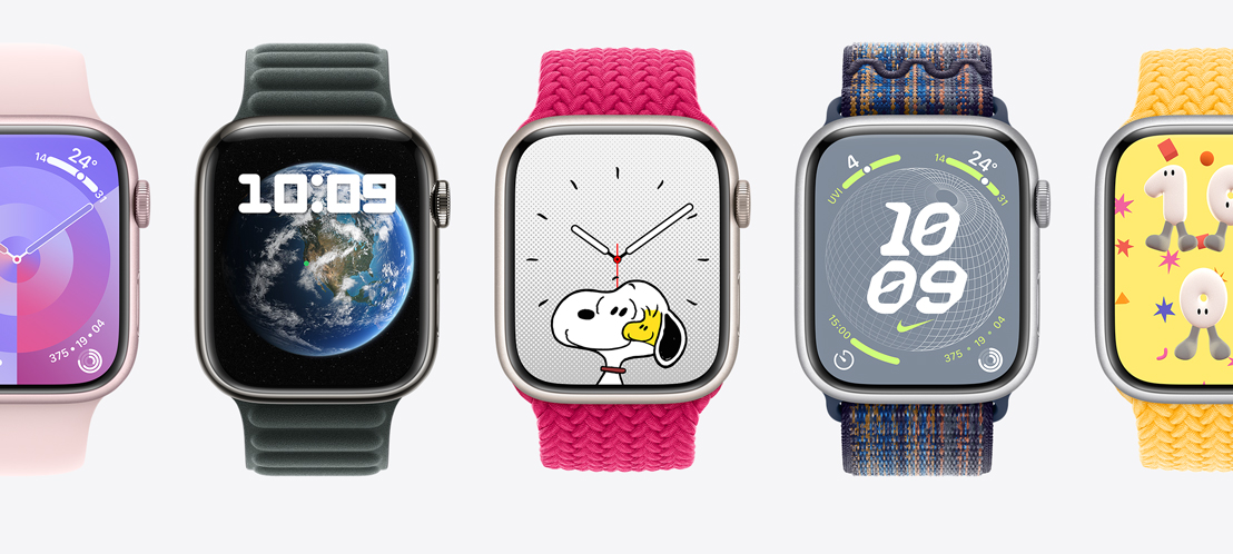 Five Apple Watch screens. A Photos face, a Nike Globe face, a Reflections face, a Snoopy face and a Flux face.