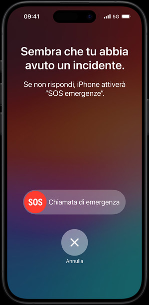 Una schermata della funzione Rilevamento incidenti che mostra il messaggio “Sembra che tu abbia avuto un incidente. Se non rispondi, iPhone attiverà SOS emergenze”