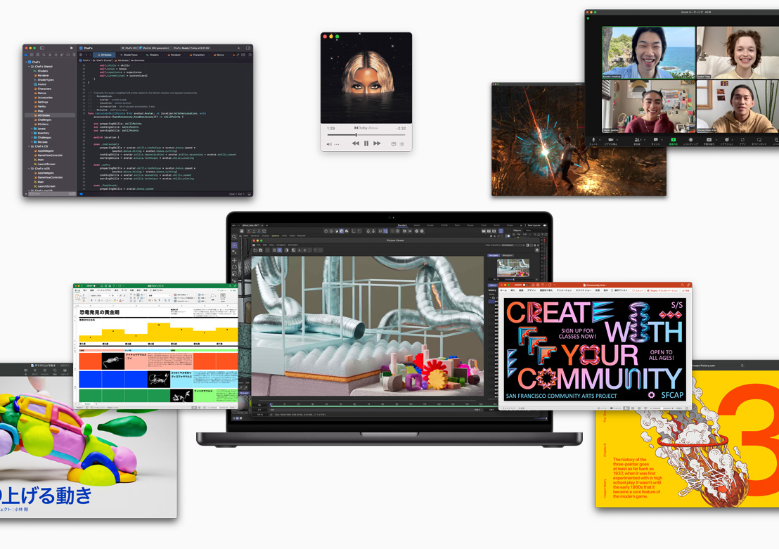 Xcode、Apple Music、Zoom、Excel、Powerpoint、Keynote、Adobe After Effects、Safari、ゲームソフトなど、Appleシリコンで動かせる様々なソフトウェアを映し出した画面がたくさん表示されている。