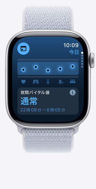 Apple Watch Series 10上のバイタルアプリ画面の前面。夜間の健康指標が標準範囲内であることを示している。