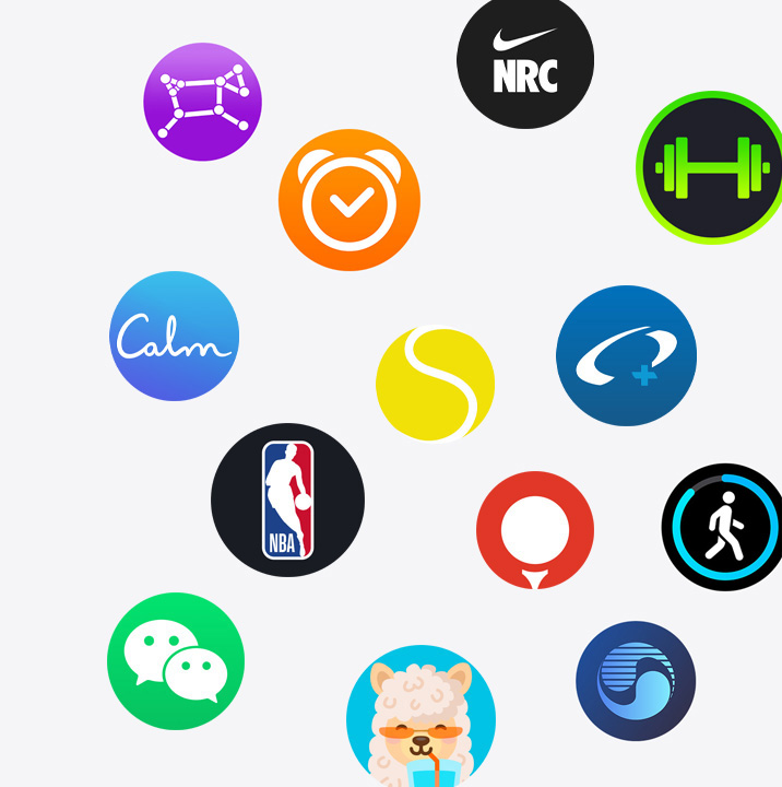 App Store에 있는 다양한 Apple Watch 앱 아이콘. ChargePoint, Yelp, Nike Run Club, SmartGym, Calm, NBA, SwingVision, Oceanic+, WeChat, Waterllama, Golfshot, JetBlue, AllTrails