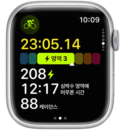 파워 영역 운동 현황의 일환으로, 파워 미터의 수치를 보여주는 Apple 시계 페이스