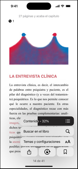 Pantalla de un iPhone que muestra la página de un libro en la app Libros. Sobre la página, se muestran las opciones para ampliar el texto, Buscar en el libro y Temas y configuraciones