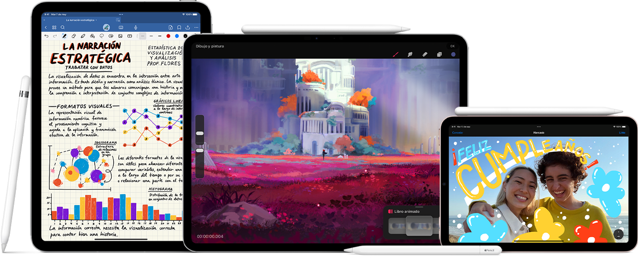 Tres iPad de frente, uno al lado del otro. A la izquierda, un iPad de décima generación en posición vertical con un Apple Pencil de primera generación. En el centro, un iPad Pro en posición horizontal muestra un dibujo colorido con un Apple Pencil Pro adherido arriba. A la derecha, un iPad mini en posición horizontal con un Apple Pencil de segunda generación adherido arriba. Y se muestra un Apple Pencil USB-C en posición horizontal delante del iPad Pro y el iPad mini.
