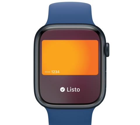 Vista frontal de un Apple Watch. Se realizó un pago con Apple Pay.