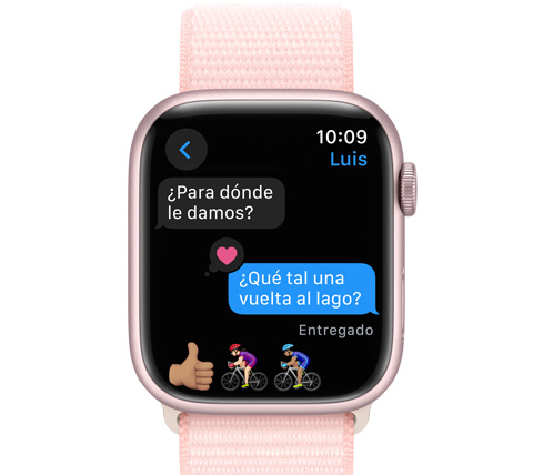 Vista frontal de un Apple Watch con un mensaje de texto.