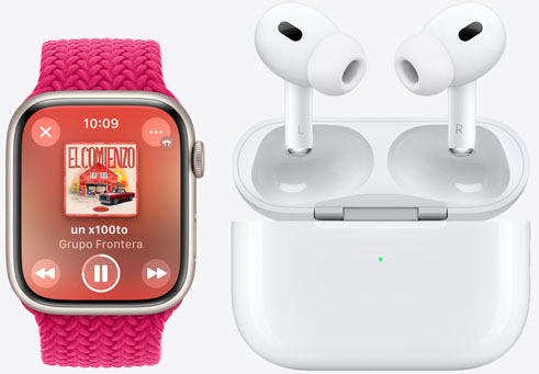 Un Apple Watch Series 10 muestra que se reproduce una canción, a su lado hay unos AirPods 4.