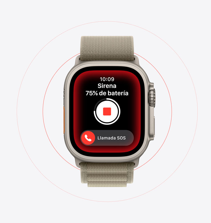 Imagen que muestra el uso de la sirena en un Apple Watch Ultra 2.