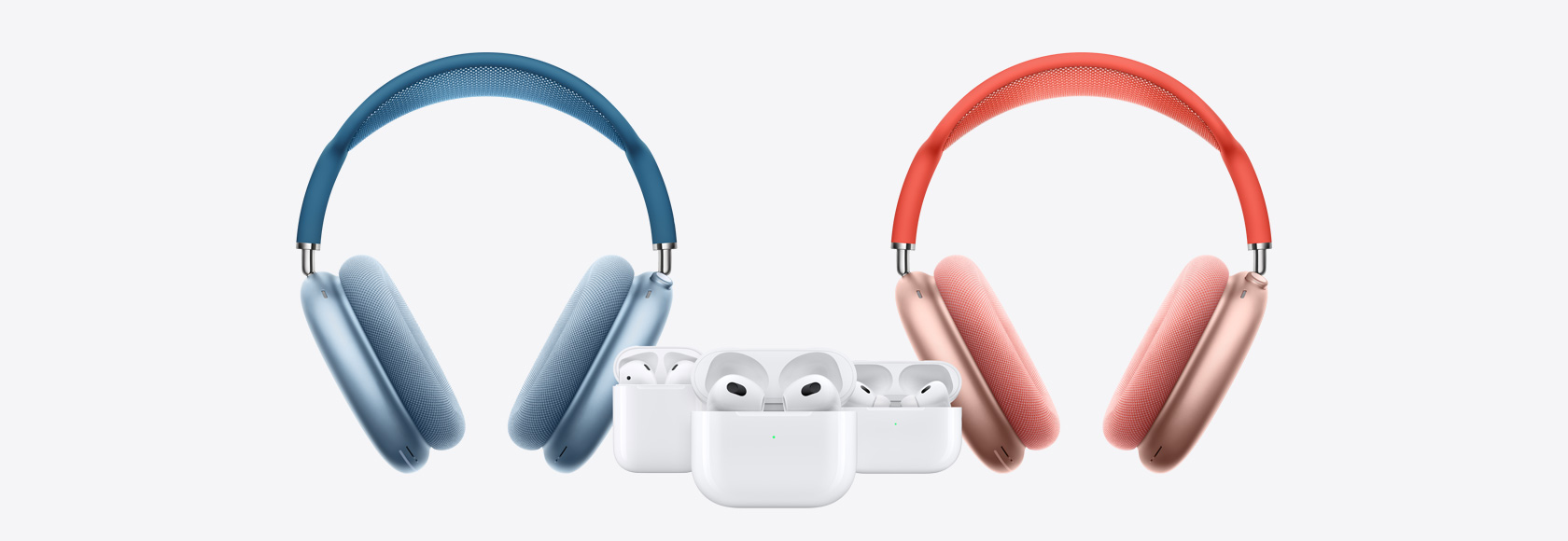 Dos AirPods Max rodean unos AirPods de segunda generación, AirPods de tercera generación y AirPods Pro de segunda generación.