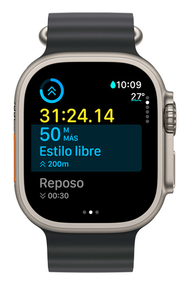 La pantalla de un Apple Watch Ultra muestra el tiempo del intervalo actual y lo que falta del entrenamiento personalizado