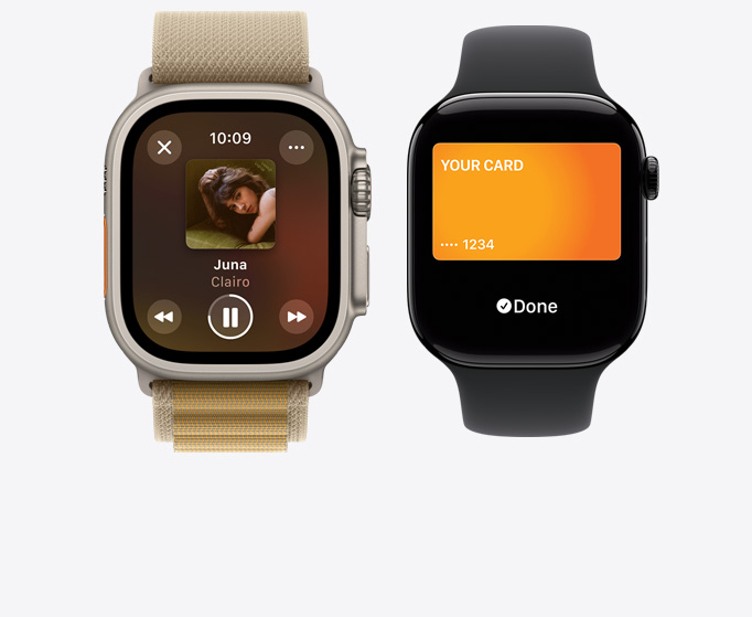 Front view of an Apple Watch Ultra 2 and Apple Watch Series 10 showing music playing and the Apple Card.