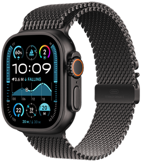 Juodos spalvos titano korpuso „Apple Watch Ultra 2“ su juoda „Trail“ apyranke.