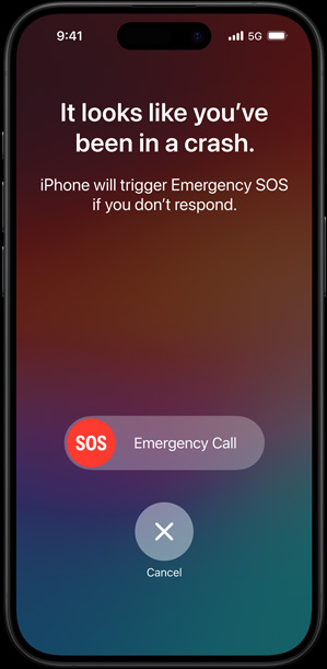 The Crash Detection screen saying "It looks like you've been in a crash. iPhone will trigger Emergency SOS if you don't respond"