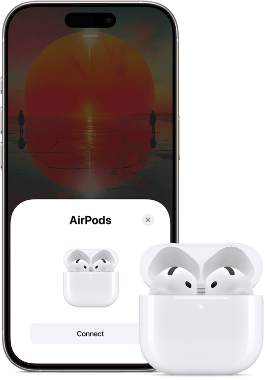 An open charging case with AirPods 4 inside, next to an iPhone showing that AirPods 4 have been connected.