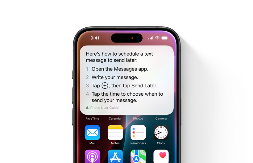 An iPhone is shown with step-by-step guidelines on how to schedule a text message to send later