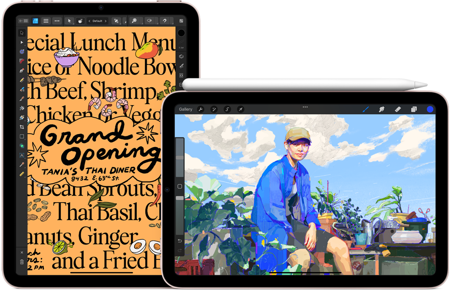 iPad mini on left, portrait orientation, showing a graphic of a dinner menu. To the right, iPad mini, landscape orientation showing an illustration with Apple Pencil 2nd generation attached to the top.
