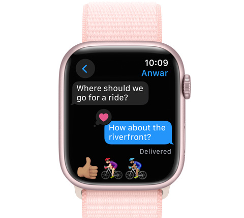 A front view of an Apple Watch with a text message.