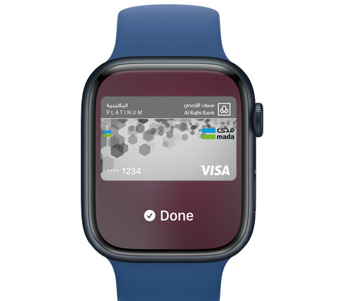 A front view of an Apple Watch. Someone made a payment with Apple Pay.