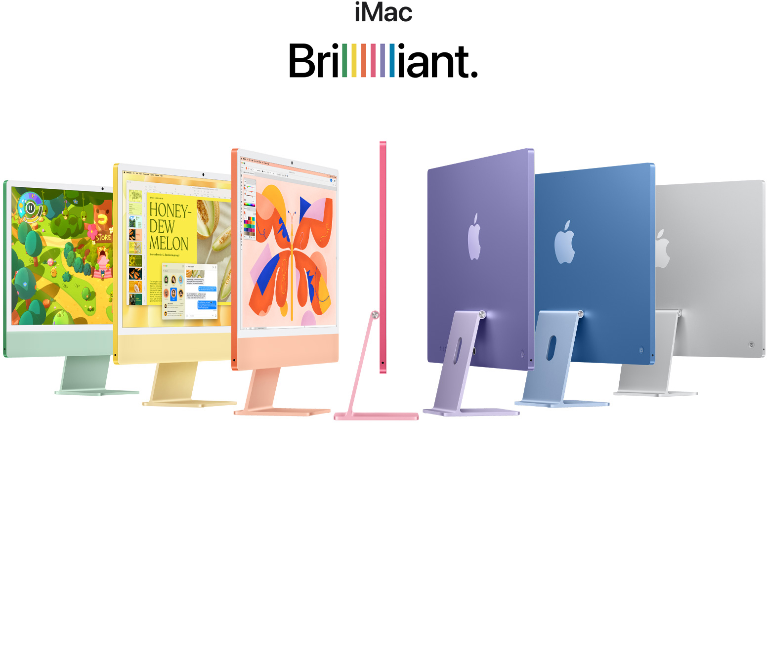 7 iMacs in different colors (Blue, Green, Pink, Silver, Yellow, Orange, Purple) in a accordion arrangement