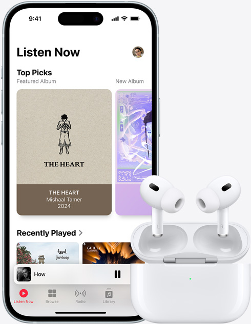 An image of iPhone 15 playing a track through Apple Music, sits next to a pair of AirPods.