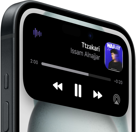 iPhone 15 showing Dynamic Island expanded view playing music.