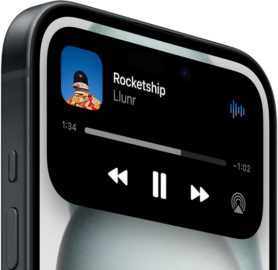 iPhone 15 showing Dynamic Island expanded view playing music.