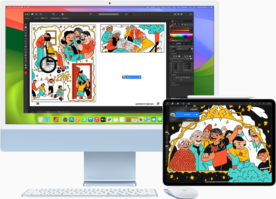 iPad Pro مقاس 12.9 إنش وجهاز iMac يعرضان مشروعاً إبداعياً يعمل عليه أحد المستخدمين. يظهر المشروع الرئيسي على iMac، فيما يُستخدم iPad كشاشة ثانية.