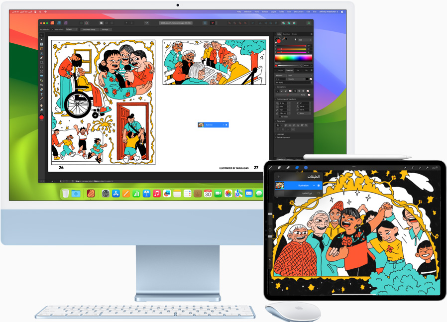 iPad Pro مقاس 12.9 إنش وجهاز iMac يعرضان مشروعاً إبداعياً يعمل عليه أحد المستخدمين. يظهر المشروع الرئيسي على iMac، فيما يُستخدم iPad كشاشة ثانية.