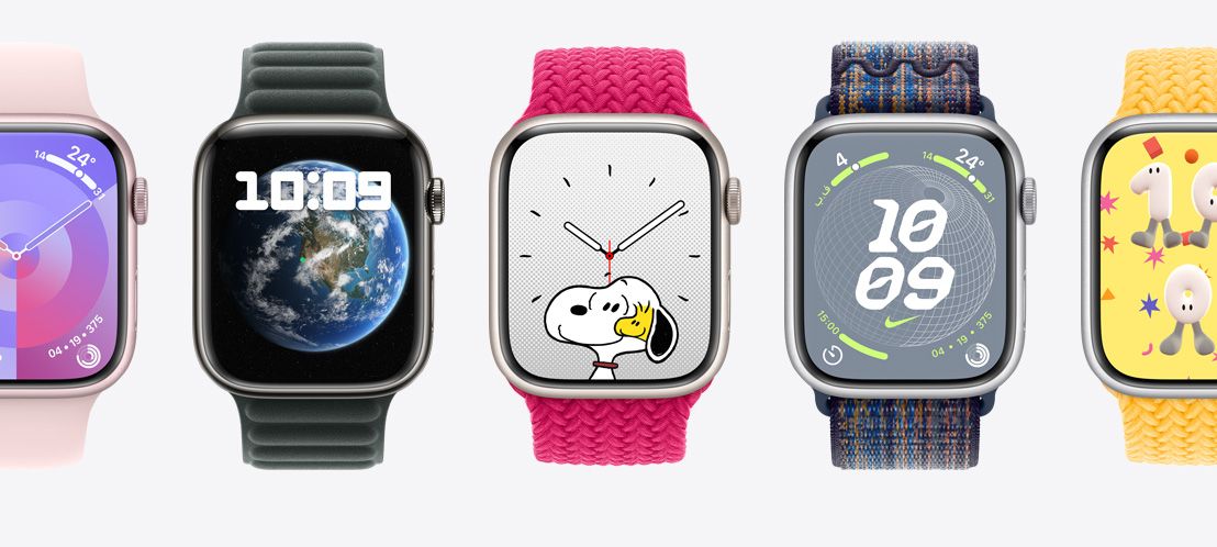 Five Apple Watch Series 9 with different watch faces. A Palette face, a Modular face, a Snoopy face, a Nike Globe face, and Playtime face.