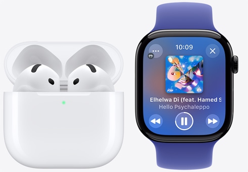 Apple Watch Series 10 تشغل أغنية بجانب AirPods 4.