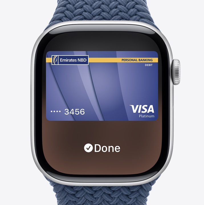 Three Apple Watch Series 10. The first shows Apple Card being used with Apple Pay. The second shows a transit card being used with the Wallet App. The third shows a home key being used through the Wallet app.