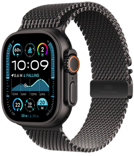 Apple Watch Ultra 2 with a black titanium case and Black Trail Loop band.