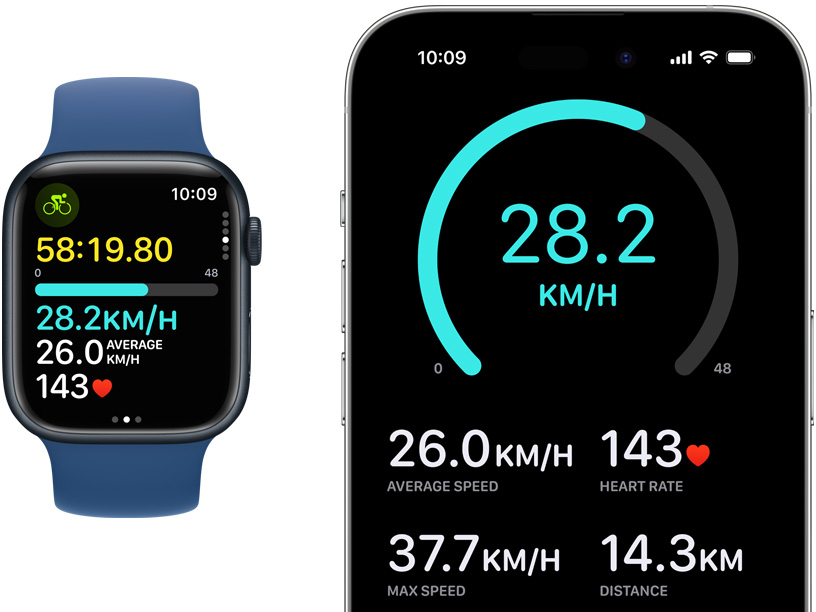 An Apple Watch and an iPhone displaying live cycling metrics