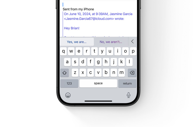 iPhone 上顯示郵件 app 中的智慧型回覆選項。