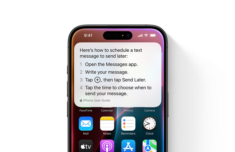 iPhone 顯示逐步指引，說明如何編排稍後傳送文字訊息