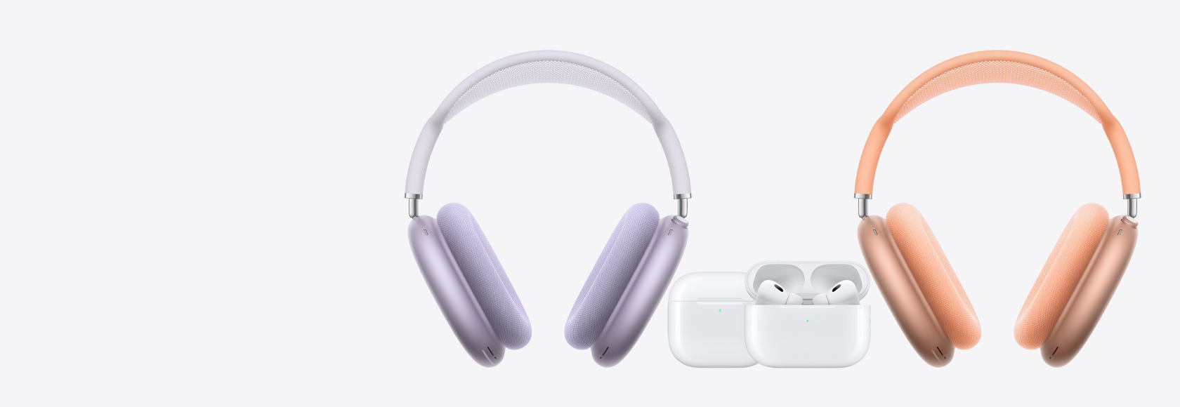 左右兩側是 AirPods Max，置中的是 AirPods 4 及 AirPods Pro 2。