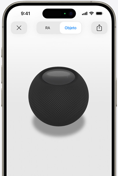 Un HomePod mini medianoche en la pantalla de un iPhone con realidad aumentada.