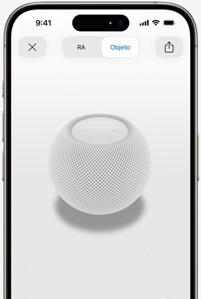 Un HomePod mini blanco en la pantalla de un iPhone con realidad aumentada.