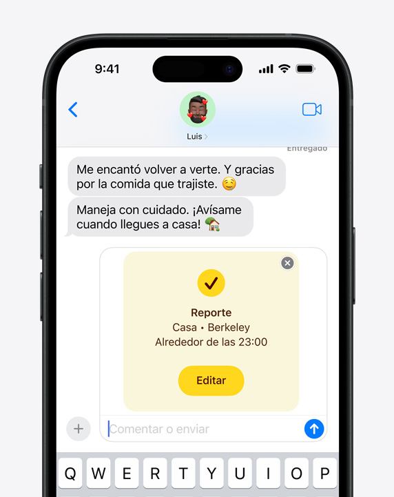 Primer plano de una conversación en iMessage con una notificación de Reporte.