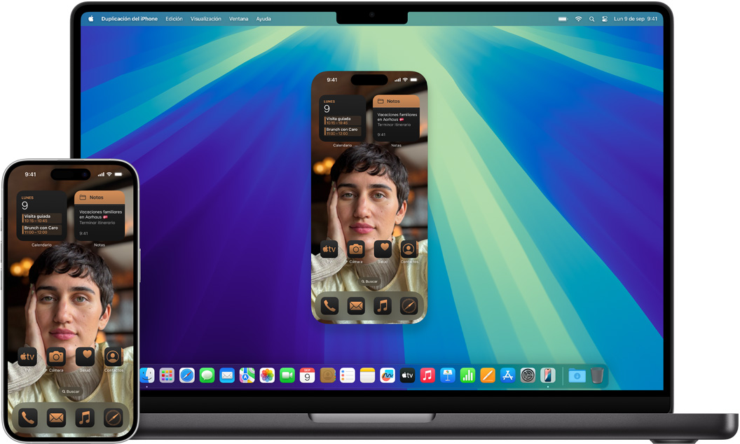 Un iPhone y una MacBook muestran la misma conversación de iMessage.