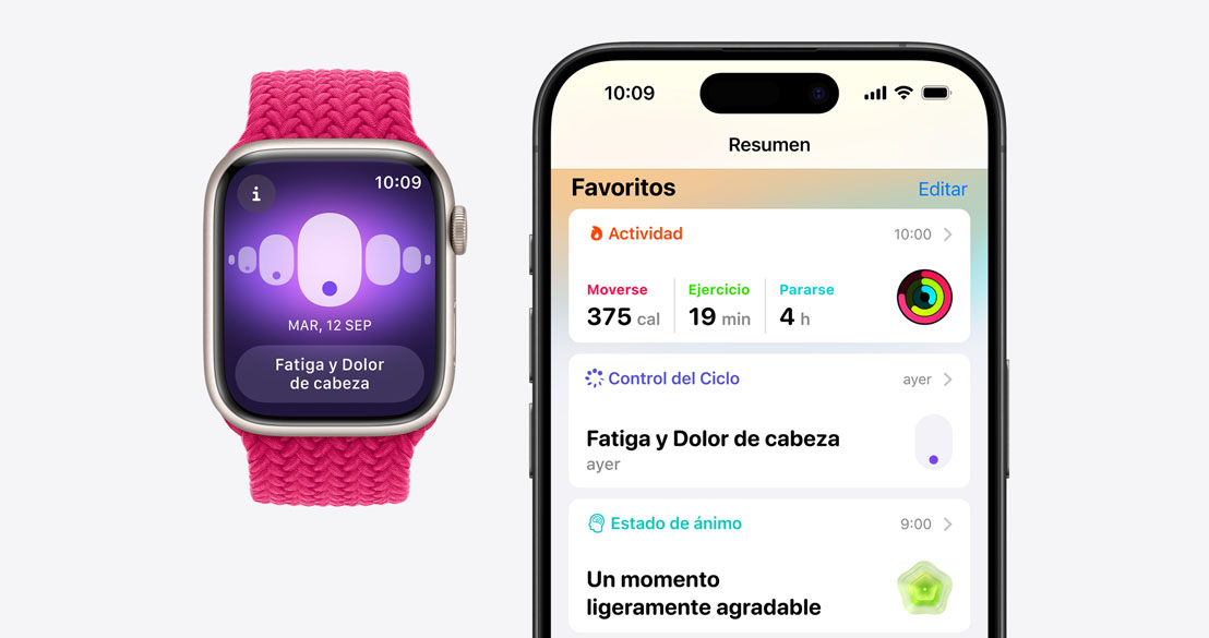 Un Apple Watch Series 10 que muestra la app Control del Ciclo y un iPhone 16 Pro con la app Salud que muestra información de Control del Ciclo.