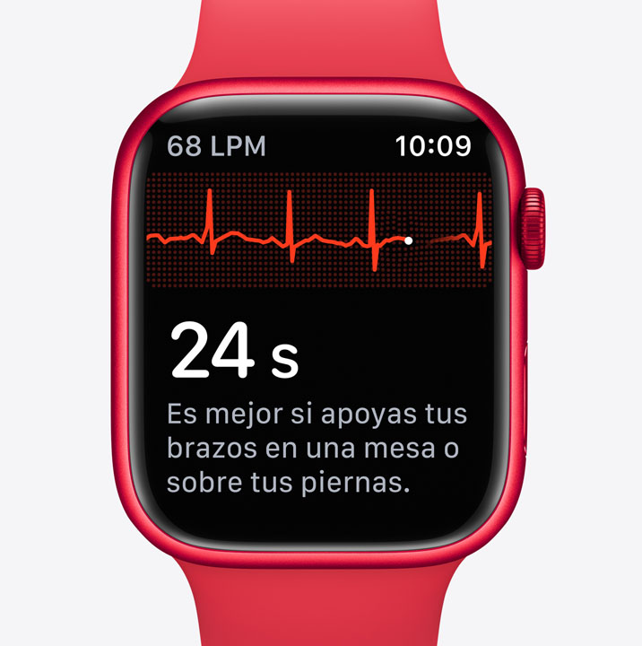 The ECG app screen on Apple Watch Series 10 showing a waveform and a countdown timer that says 24 sec.