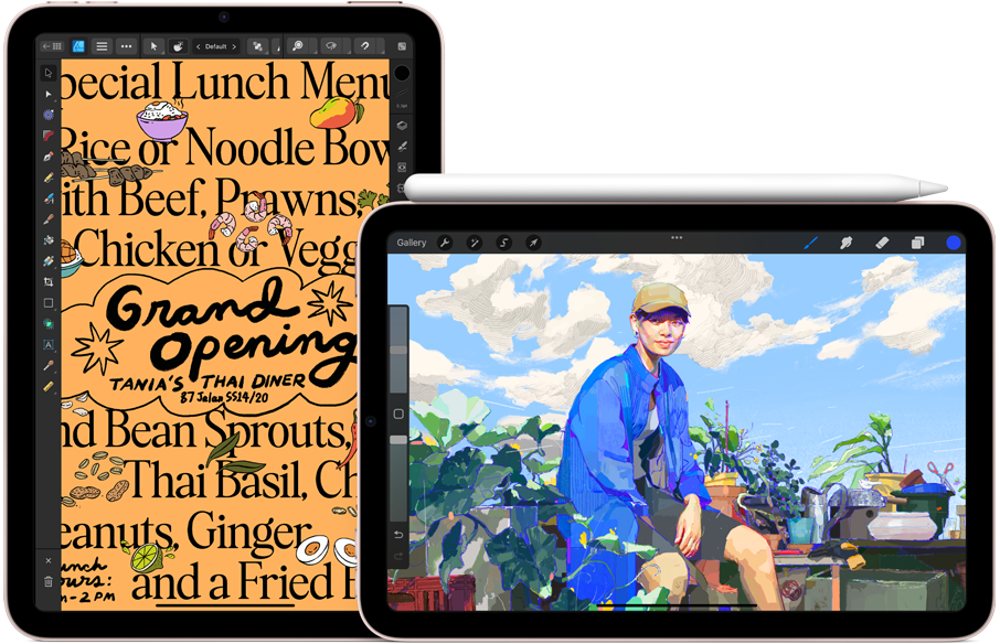 iPad mini on left, portrait orientation, showing a graphic of a dinner menu. To the right, iPad mini, landscape orientation showing an illustration with Apple Pencil 2nd generation attached to the top.